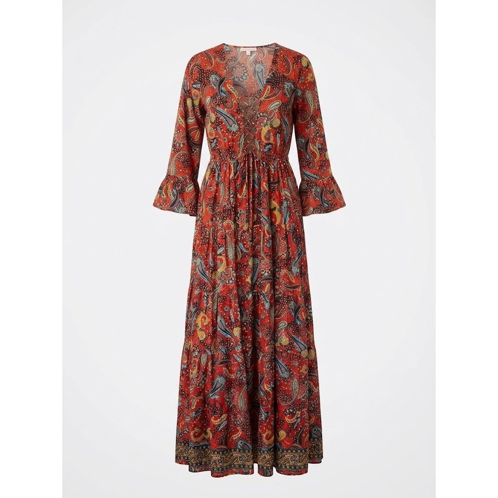 Boemo Maxi Dress Womens M Red Paisley Boho Tiered Lace Up Ruffle Sleeve V-Neck